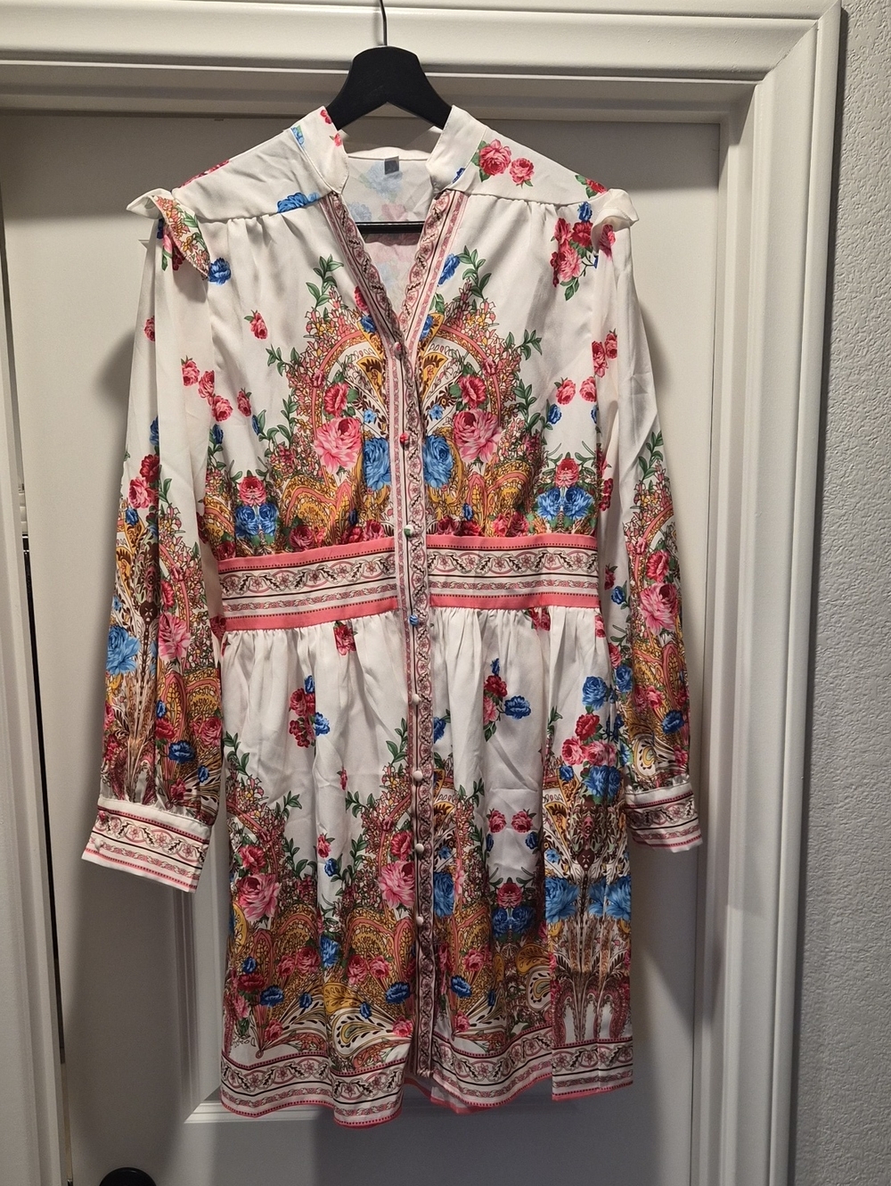 SHEIN  Zimmerman Style White Floral Midi Dress with Pink & Blue Accents